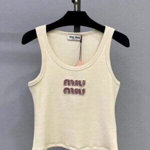 Miu Miu Ivory Tank Top with Embellished Logo